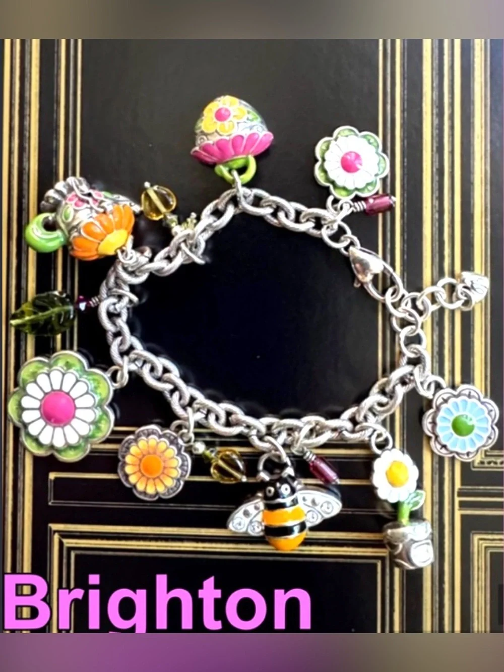 🌸 RARE Brighton VTG SLVR Charm Bracelet with Pink Yellow & Green Enamel Accents!